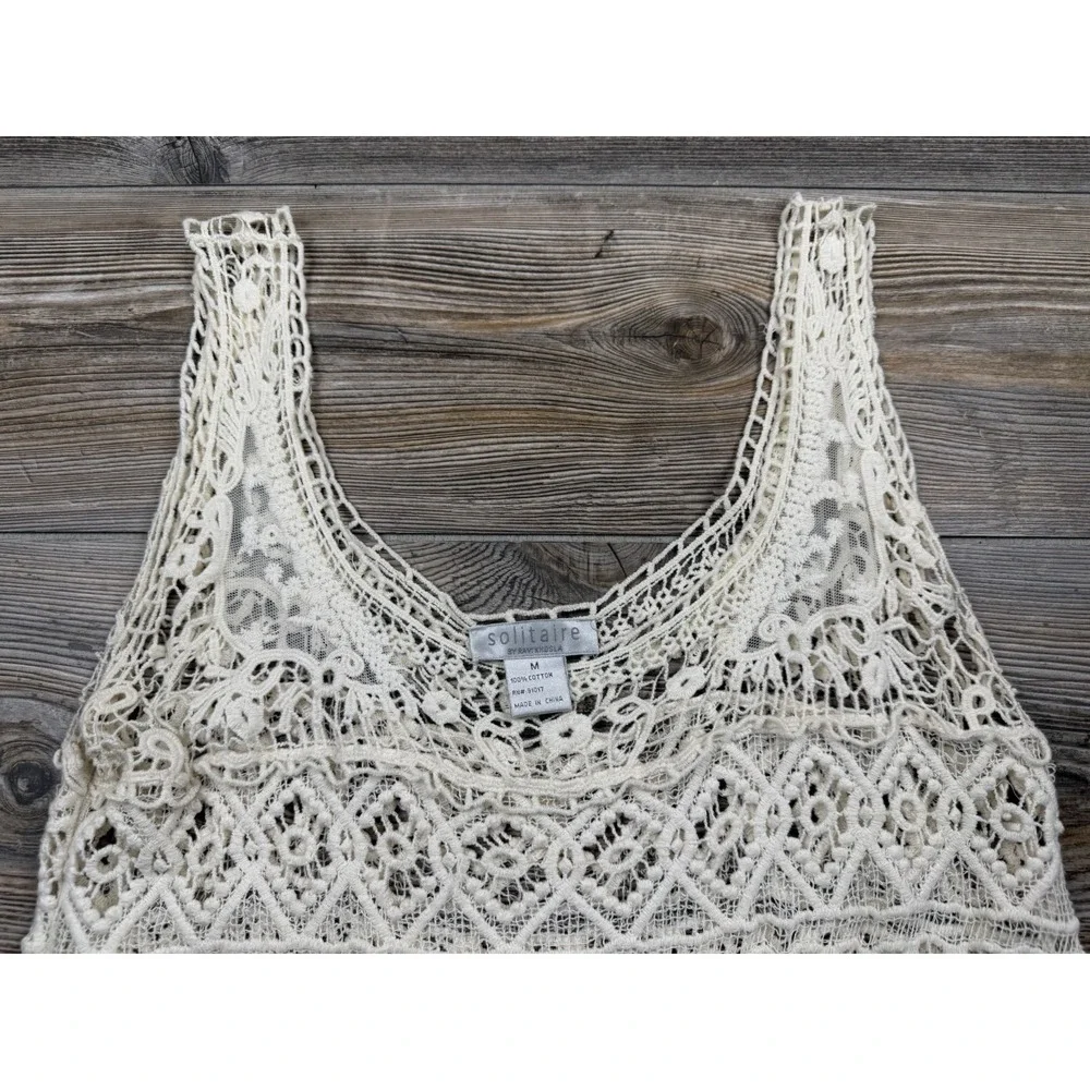 Solitaire Crochet Lace Beige Cotton Tank Coverup MED Beach Boho Resort‎ Beach